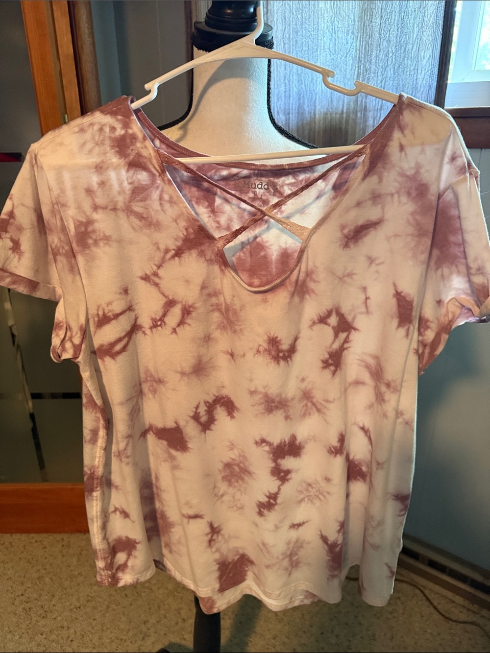 Mudd Pink and White Tie-Dye Crisscross Short Sleeve Top